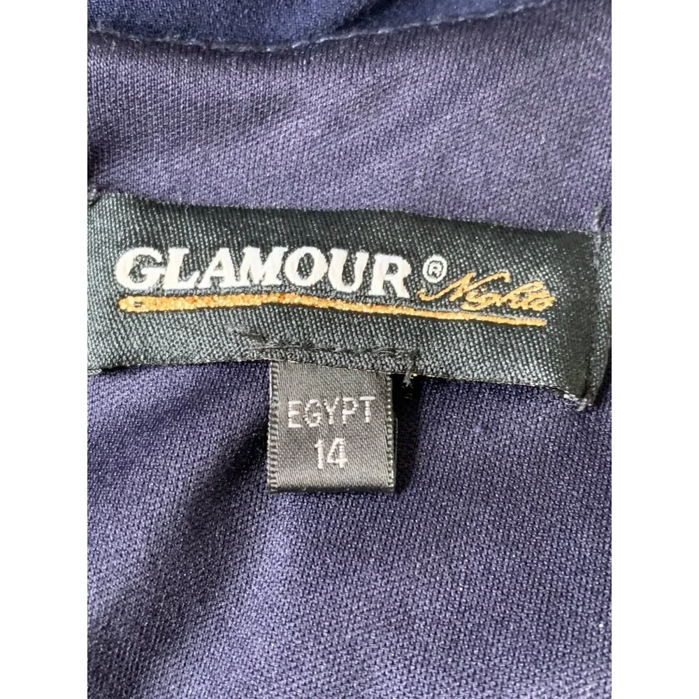 New Glamour Navy Formal Gown Sheer Bead Flutter Sleeves Size 14 - Picture 6 of 8